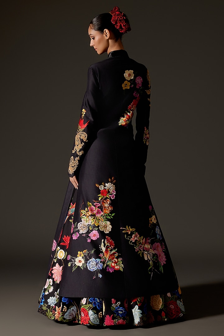 Black Chanderi Machine Embroidered Long Jacket by Rohit Bal at Pernia's Pop Up Shop
