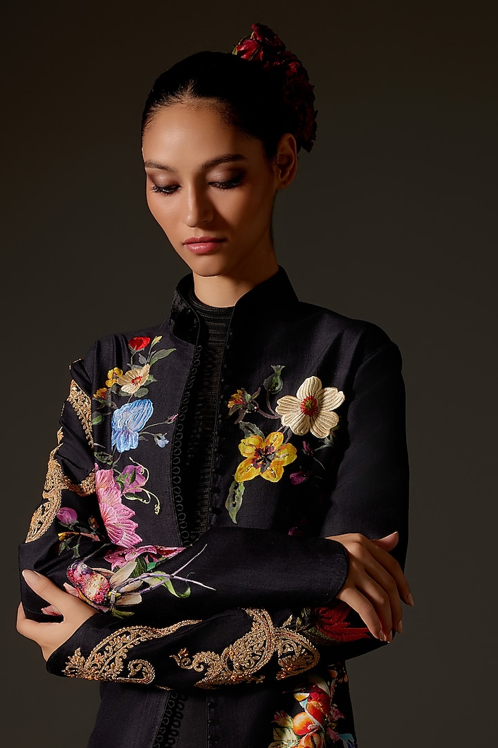 Black Chanderi Machine Embroidered Long Jacket by Rohit Bal at Pernia's Pop Up Shop