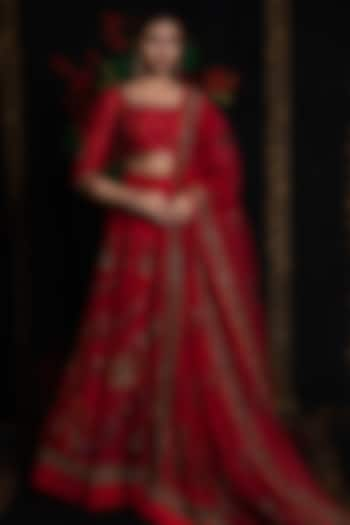 Red Organza Digital Printed & Hand Embellished Bridal Lehenga Set by Rohit Bal at Pernia's Pop Up Shop