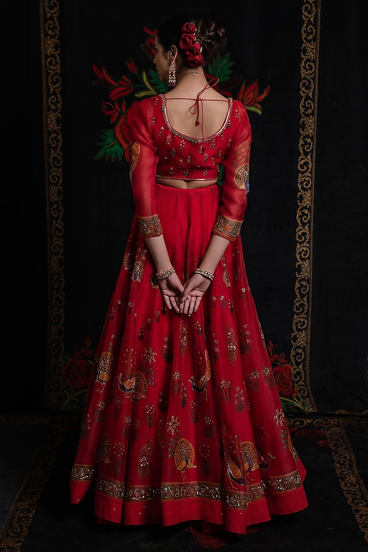Red Organza Digital Printed & Hand Embellished Bridal Lehenga Set by Rohit Bal at Pernia's Pop Up Shop