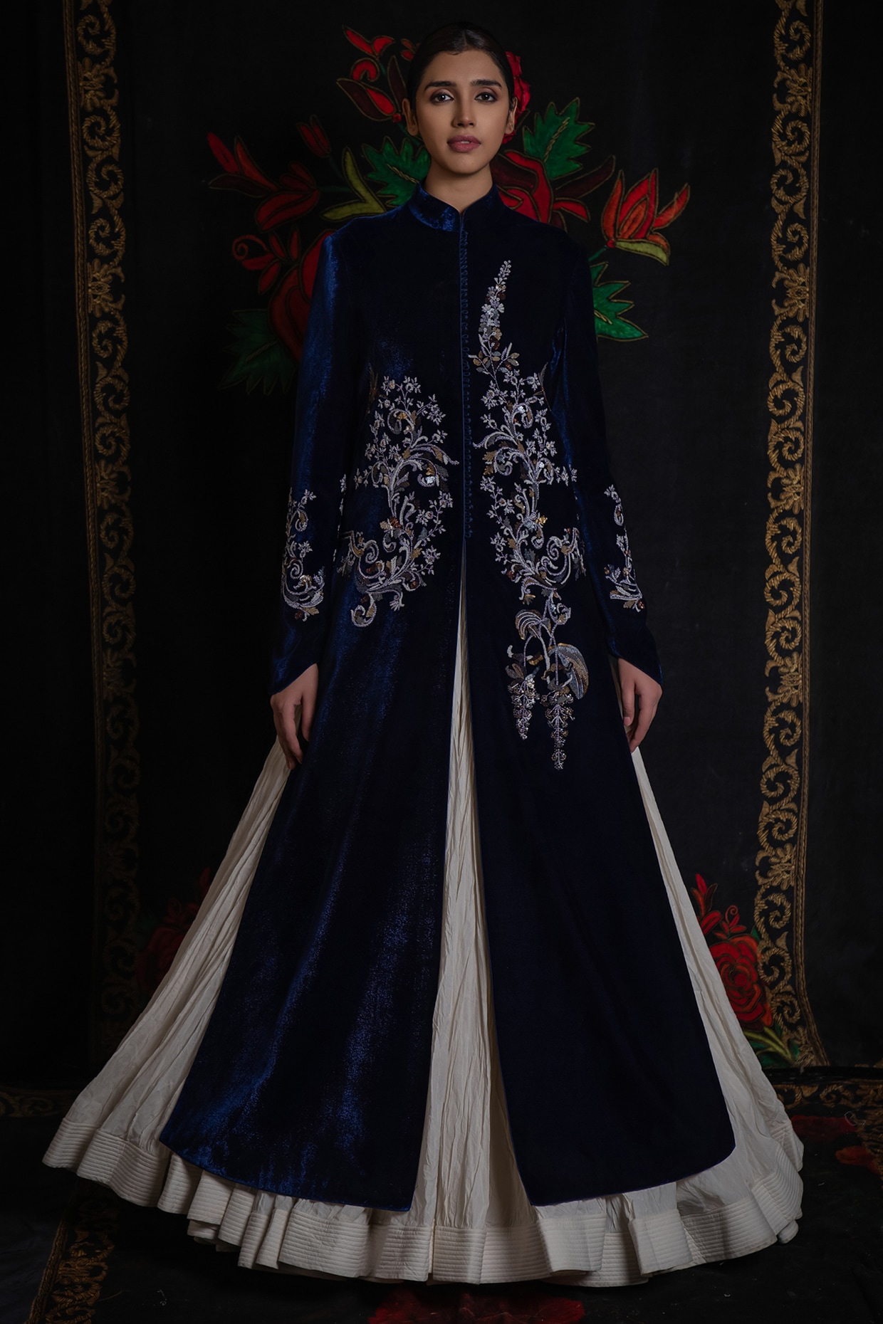 Indigo Velvet Printed & Embroidered Long Jacket by Rohit Bal at
