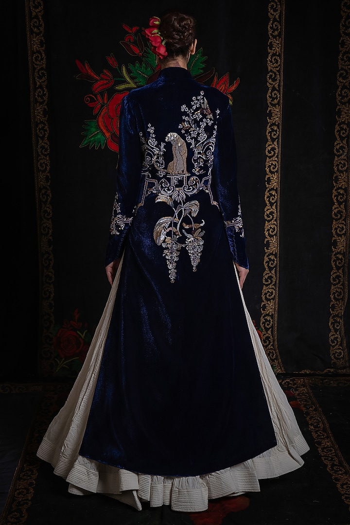 Indigo Velvet Printed & Embroidered Long Jacket by Rohit Bal at Pernia's Pop Up Shop