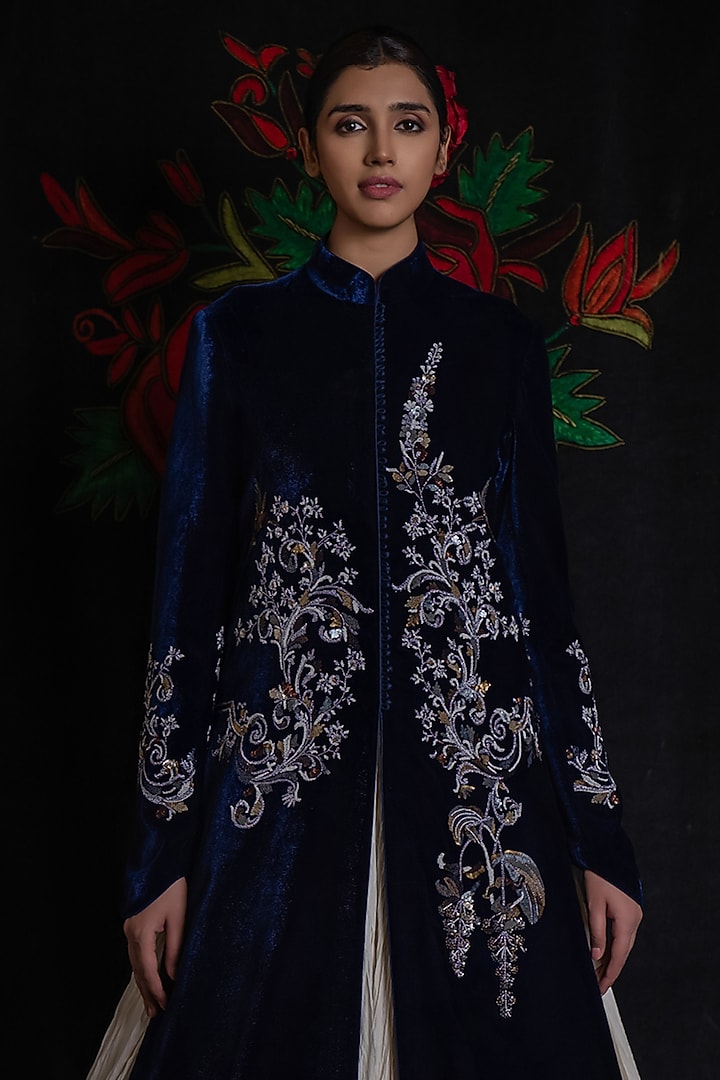 Indigo Velvet Printed & Embroidered Long Jacket by Rohit Bal at Pernia's Pop Up Shop