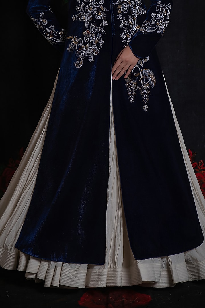 Indigo Velvet Printed & Embroidered Long Jacket by Rohit Bal at Pernia's Pop Up Shop