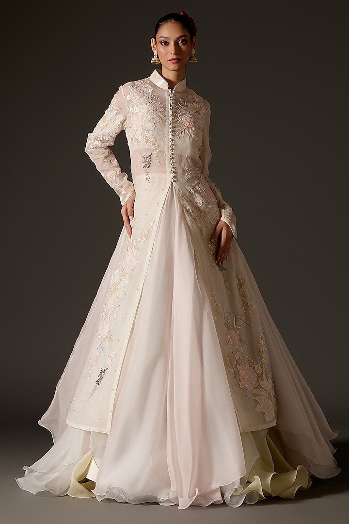 Ivory Organza Applique Hand Embroidered Long Jacket by Rohit Bal at Pernia's Pop Up Shop