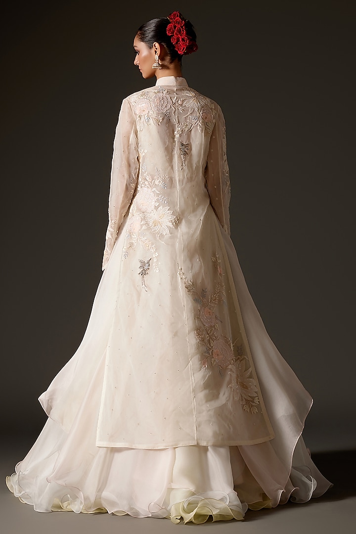 Ivory Organza Applique Hand Embroidered Long Jacket by Rohit Bal at Pernia's Pop Up Shop