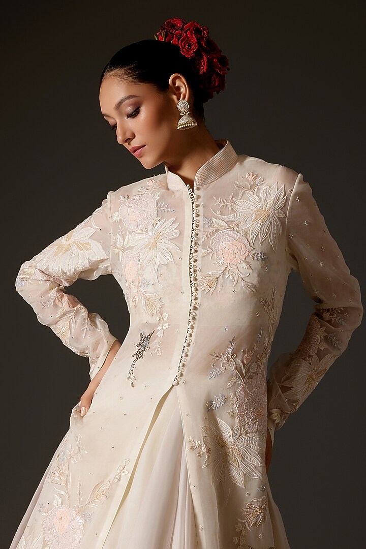 Ivory Organza Applique Hand Embroidered Long Jacket by Rohit Bal at Pernia's Pop Up Shop