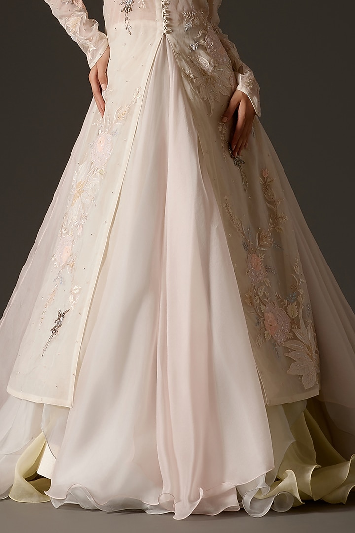 Ivory Organza Applique Hand Embroidered Long Jacket by Rohit Bal at Pernia's Pop Up Shop