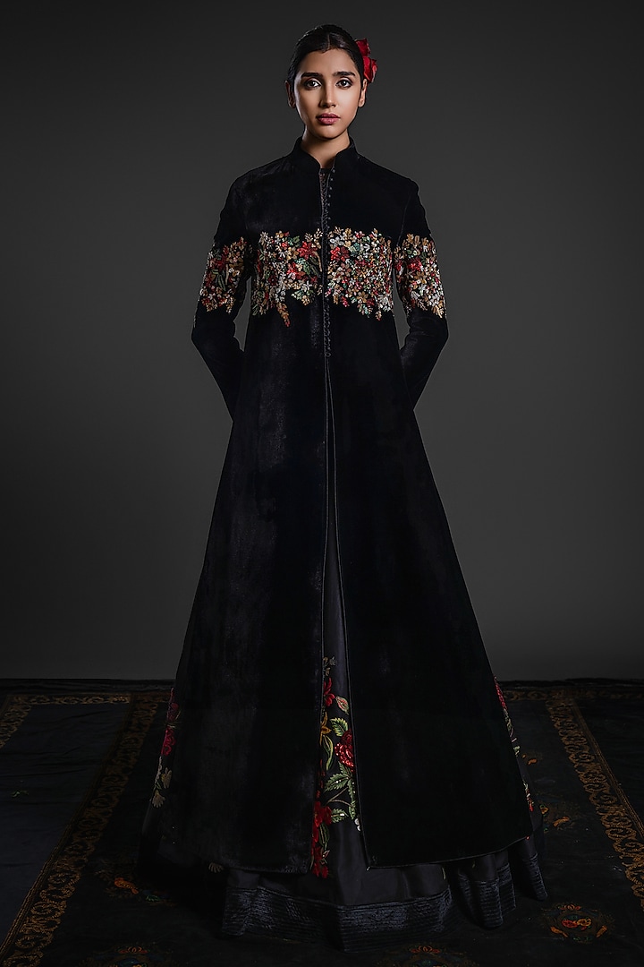 Black Velvet Printed & Embroidered Long Jacket by Rohit Bal at Pernia's Pop Up Shop