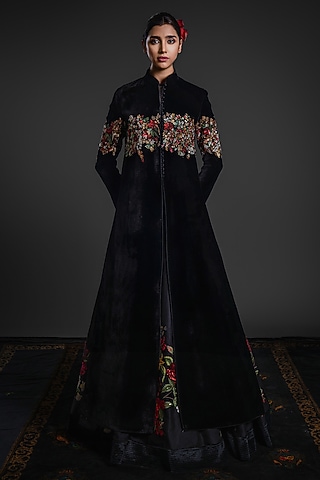 Black Velvet Printed & Embroidered Long Jacket by Rohit Bal