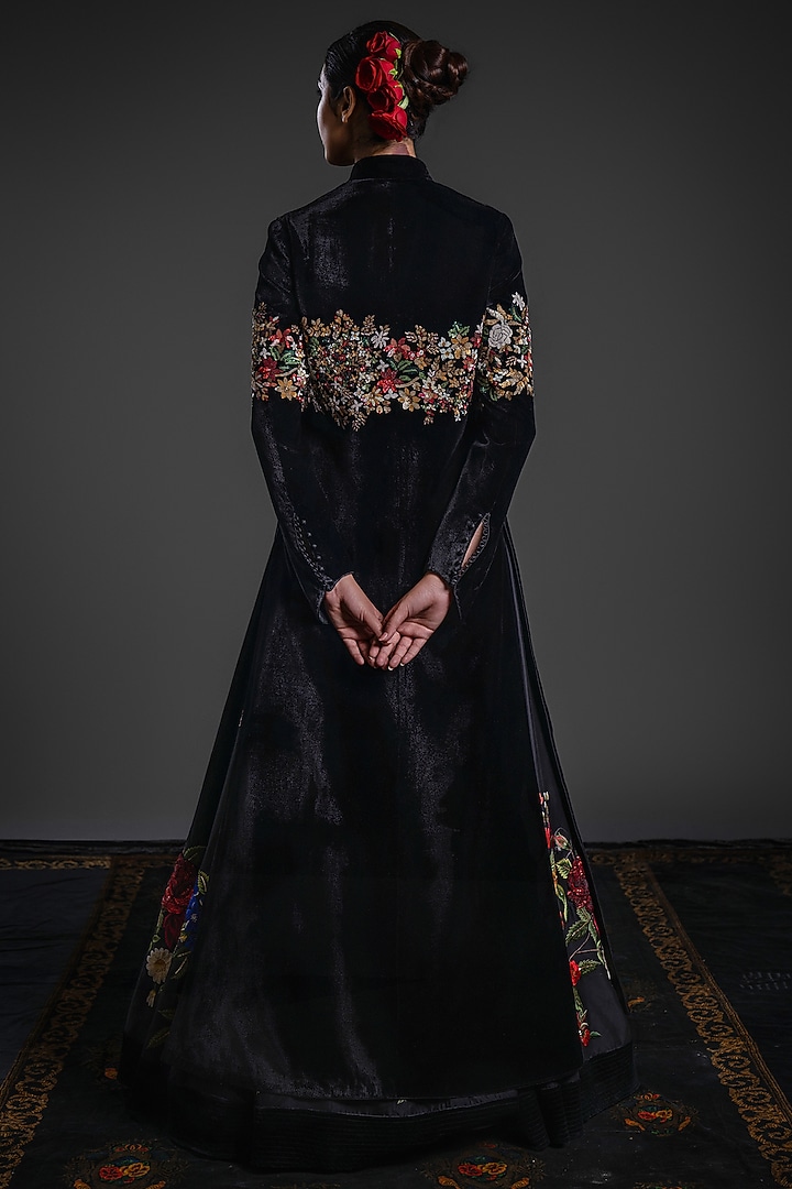 Black Velvet Printed & Embroidered Long Jacket by Rohit Bal at Pernia's Pop Up Shop