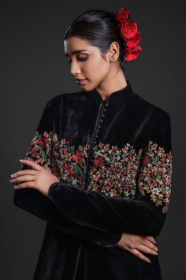 Black Velvet Printed & Embroidered Long Jacket by Rohit Bal at Pernia's Pop Up Shop