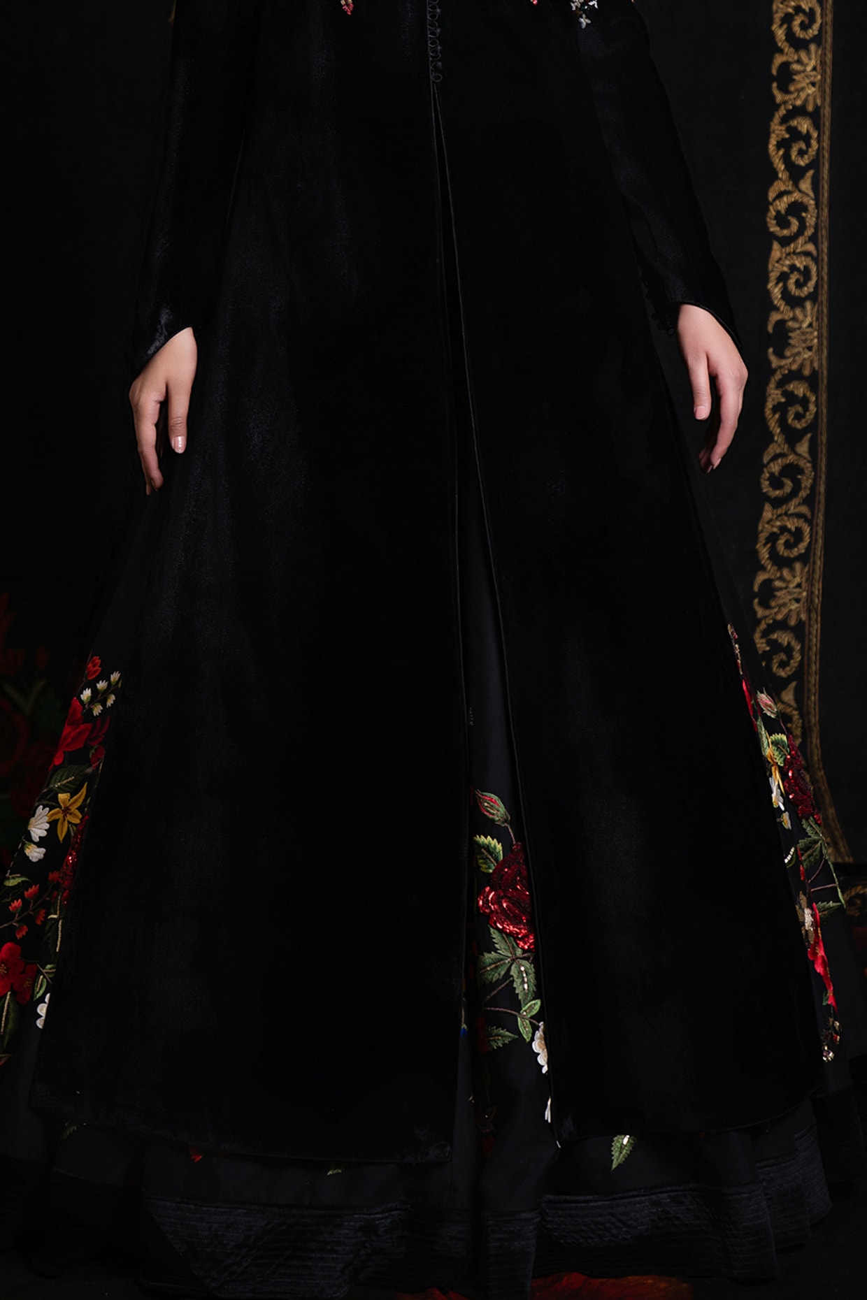 Black Velvet Long Fully Embroidered Jacket Directly store from Designer