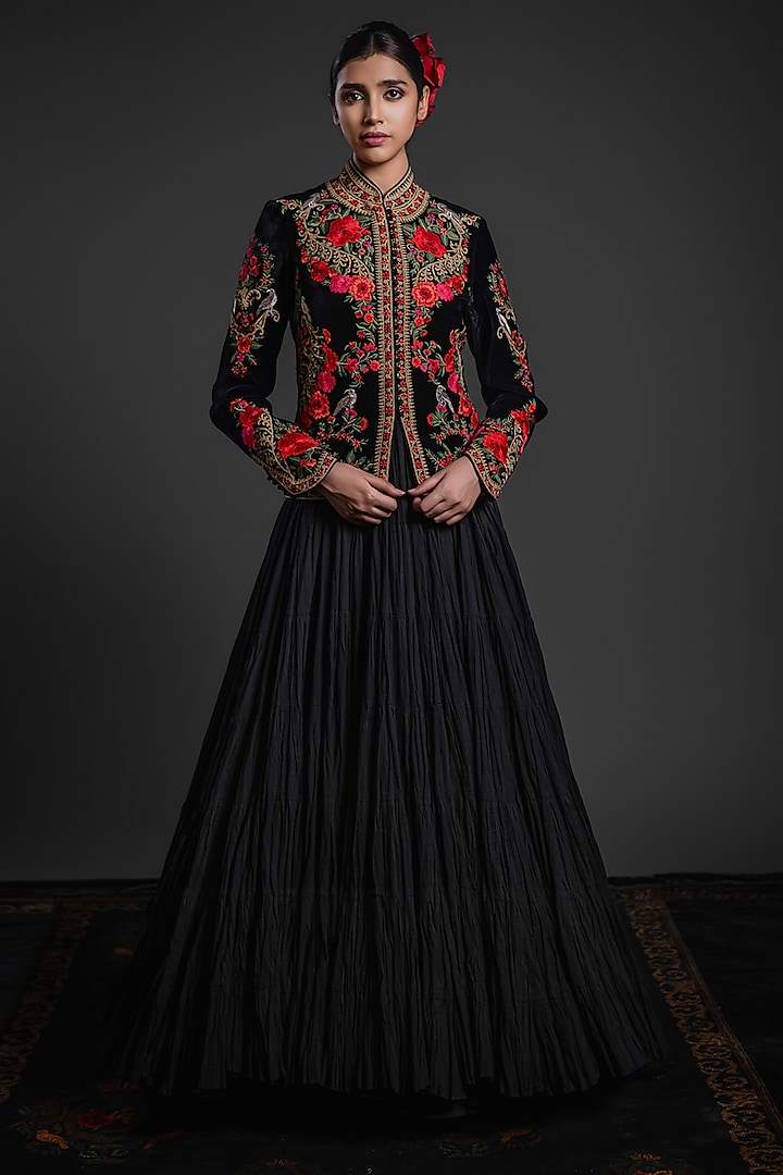 Black Velvet Printed & Embroidered Short Jacket by Rohit Bal at Pernia's Pop Up Shop