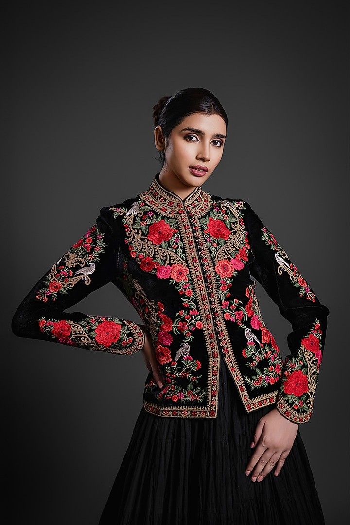 Black Velvet Printed & Embroidered Short Jacket by Rohit Bal at Pernia's Pop Up Shop