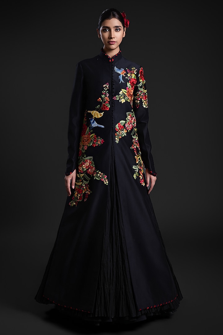 Black Chanderi Printed & Embroidered Long Jacket by Rohit Bal at Pernia's Pop Up Shop