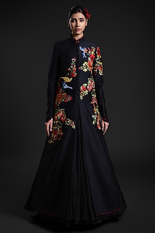 Black Chanderi Printed & Embroidered Long Jacket by Rohit Bal