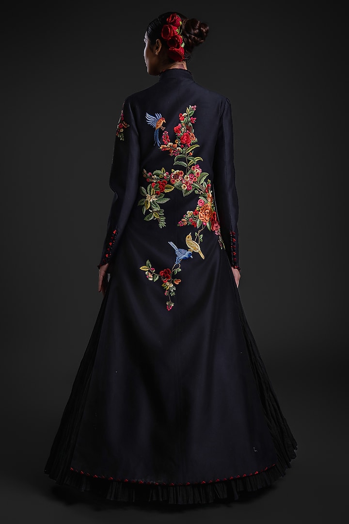 Black Chanderi Printed & Embroidered Long Jacket by Rohit Bal at Pernia's Pop Up Shop