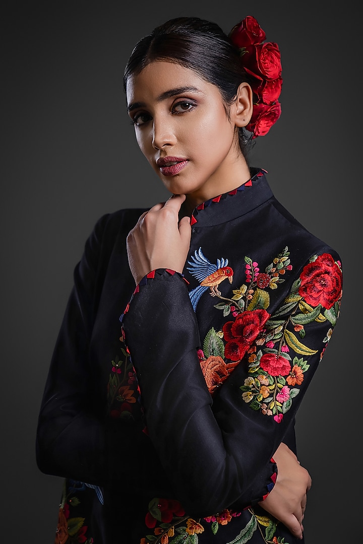 Black Chanderi Printed & Embroidered Long Jacket by Rohit Bal at Pernia's Pop Up Shop