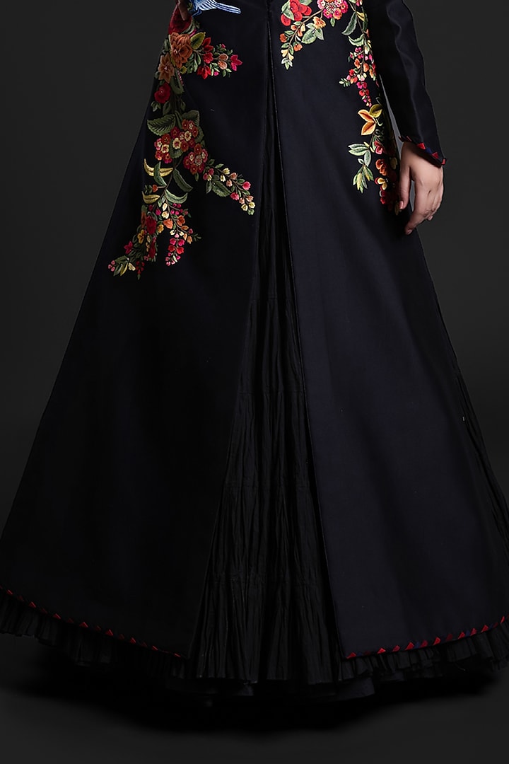 Black Chanderi Printed & Embroidered Long Jacket by Rohit Bal at Pernia's Pop Up Shop