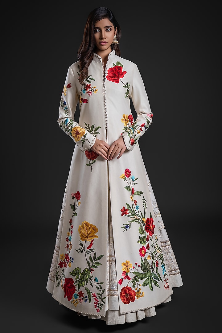 Ivory Chanderi Printed & Embroidered Long Jacket by Rohit Bal at Pernia's Pop Up Shop