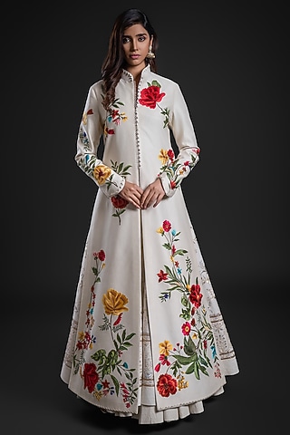 Ivory Chanderi Printed & Embroidered Long Jacket by Rohit Bal