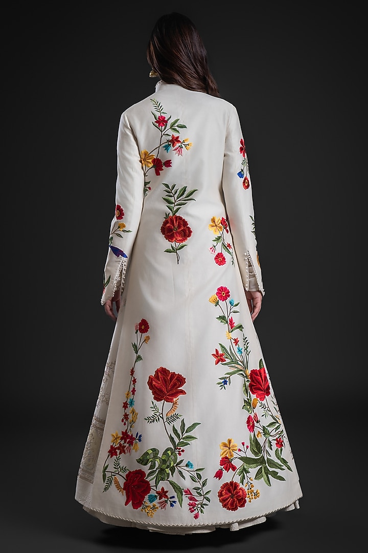 Ivory Chanderi Printed & Embroidered Long Jacket by Rohit Bal at Pernia's Pop Up Shop