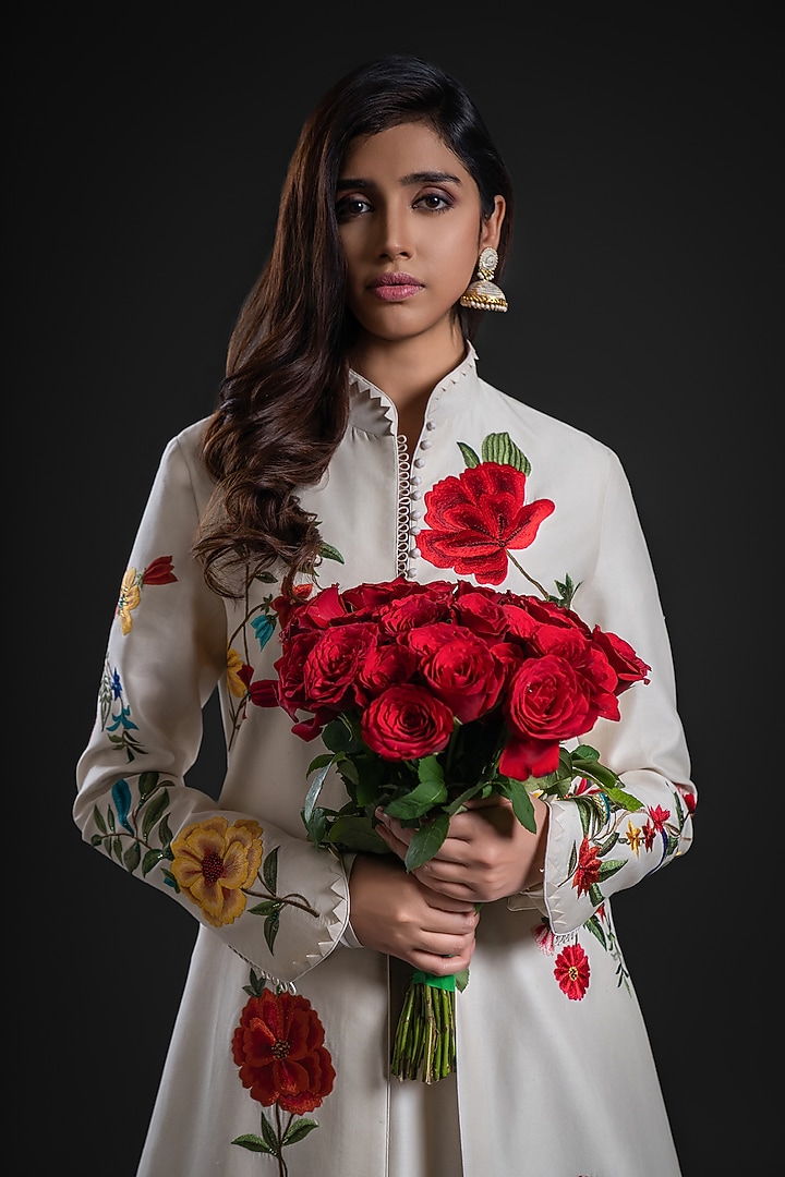 Ivory Chanderi Printed & Embroidered Long Jacket by Rohit Bal at Pernia's Pop Up Shop