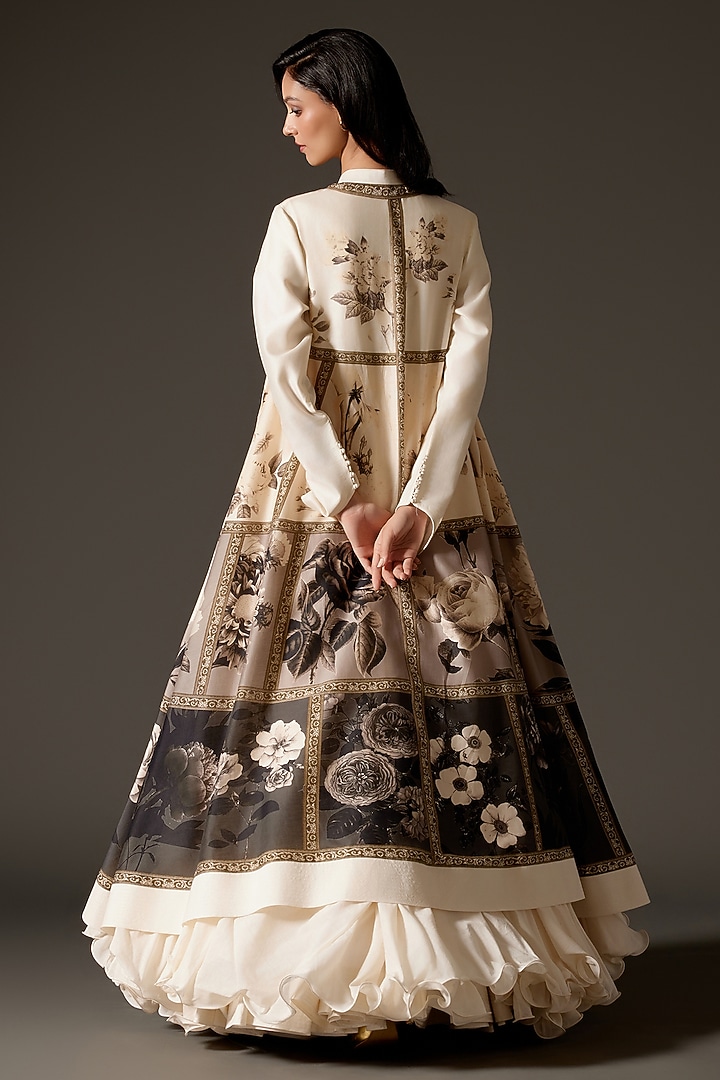Ivory Chanderi Digital Printed Long Jacket by Rohit Bal at Pernia's Pop Up Shop