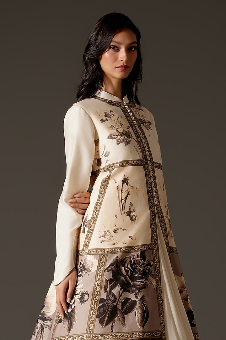 Ivory Chanderi Digital Printed Long Jacket by Rohit Bal at Pernia's Pop Up Shop