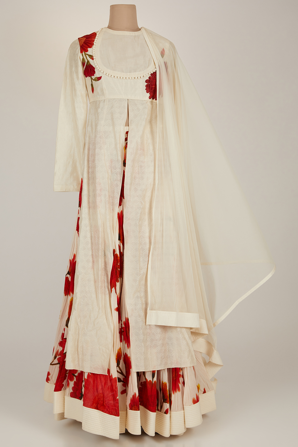 White Printed Anarkali Set by Rohit Bal