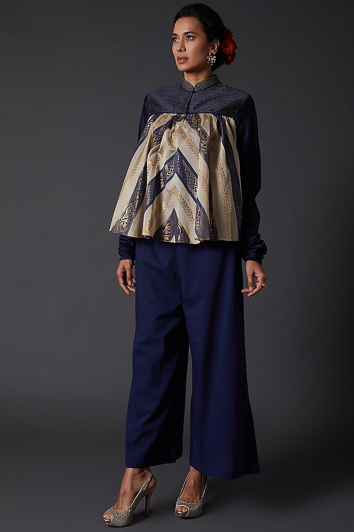 Indigo Blue Chanderi Silk & Cotton Block Printed Tunic by Balance by Rohit Bal