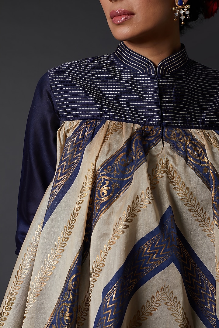 Indigo Blue Chanderi Silk & Cotton Block Printed Tunic by Balance by Rohit Bal at Pernia's Pop Up Shop