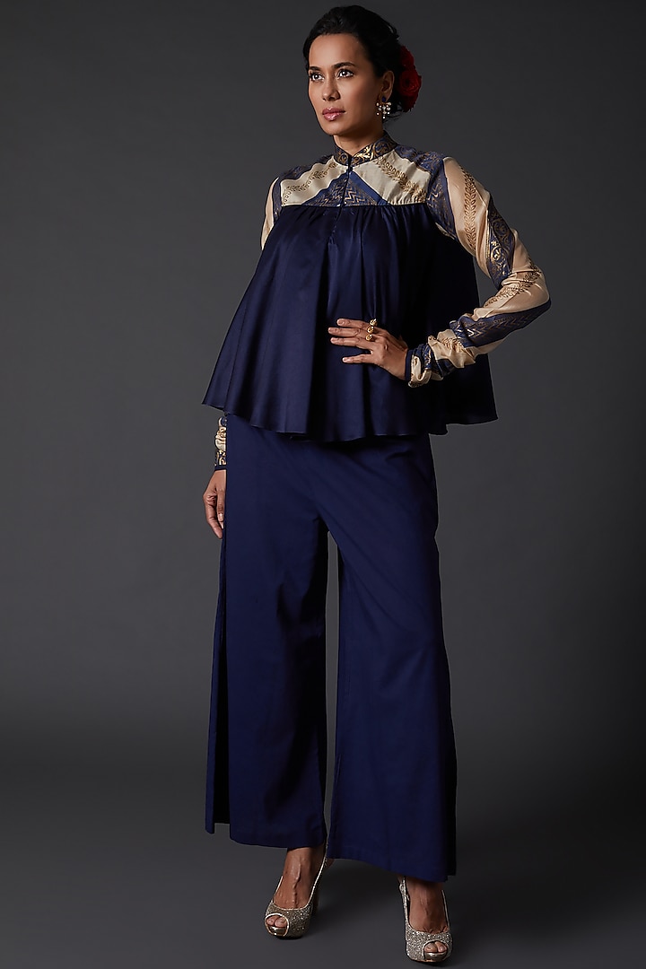 Indigo Blue Block Printed Chanderi Silk Tunic by Balance by Rohit Bal