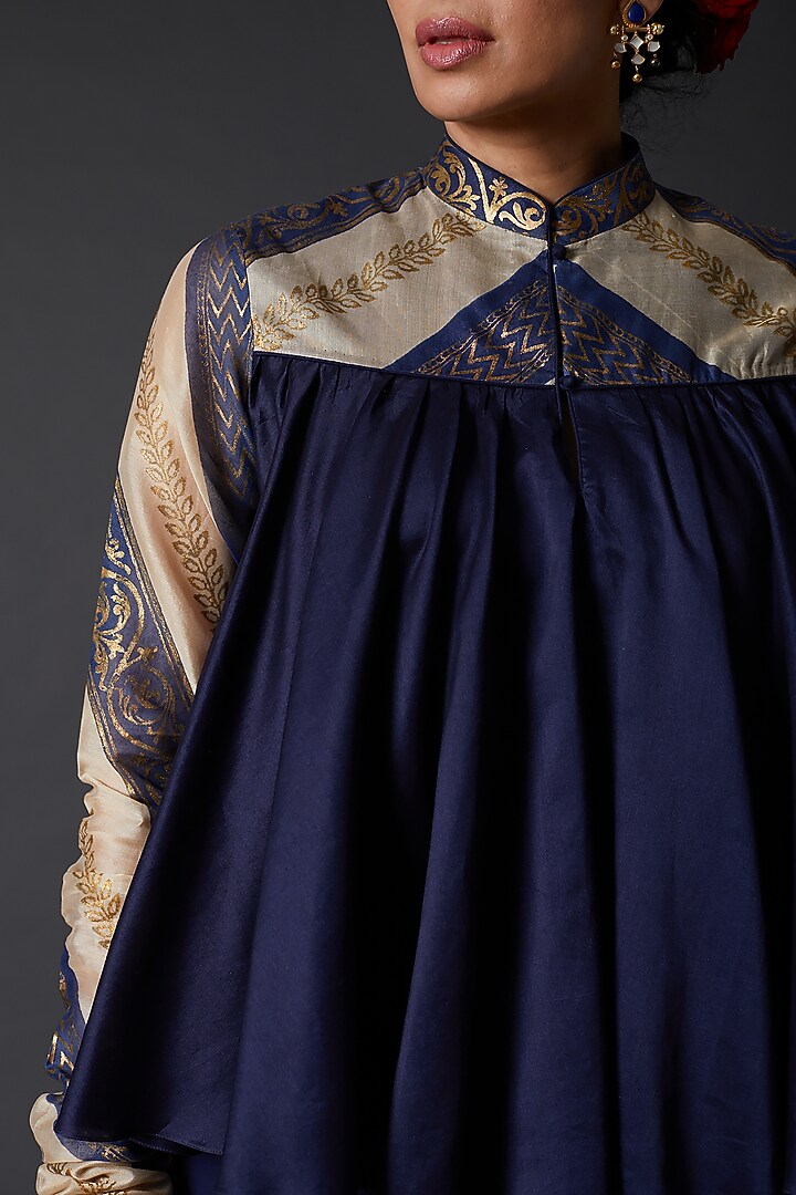 Indigo Blue Block Printed Chanderi Silk Tunic by Balance by Rohit Bal at Pernia's Pop Up Shop