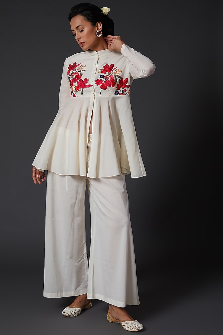 Ivory Embroidered Peplum Top With Palazzo Pants by Balance by Rohit Bal