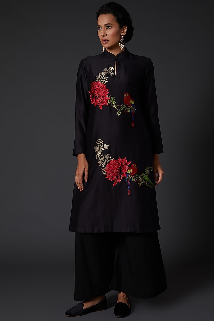 Black Printed & Embroidered Chanderi Silk Kurta Set by Balance by Rohit Bal