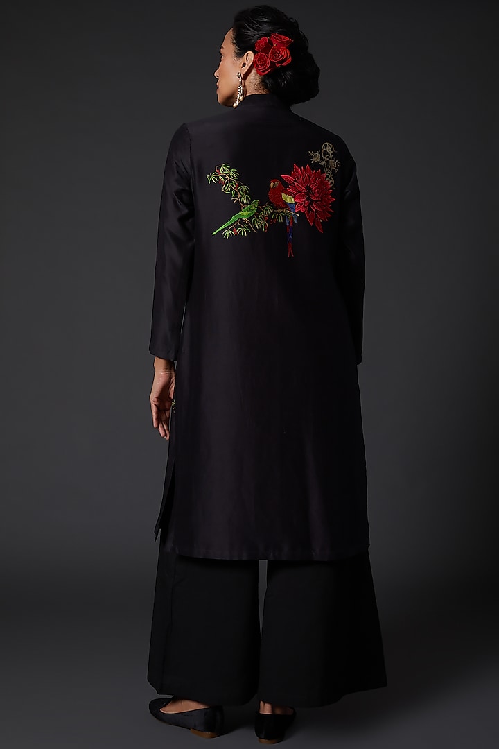 Black Printed & Embroidered Chanderi Silk Kurta Set by Balance by Rohit ...