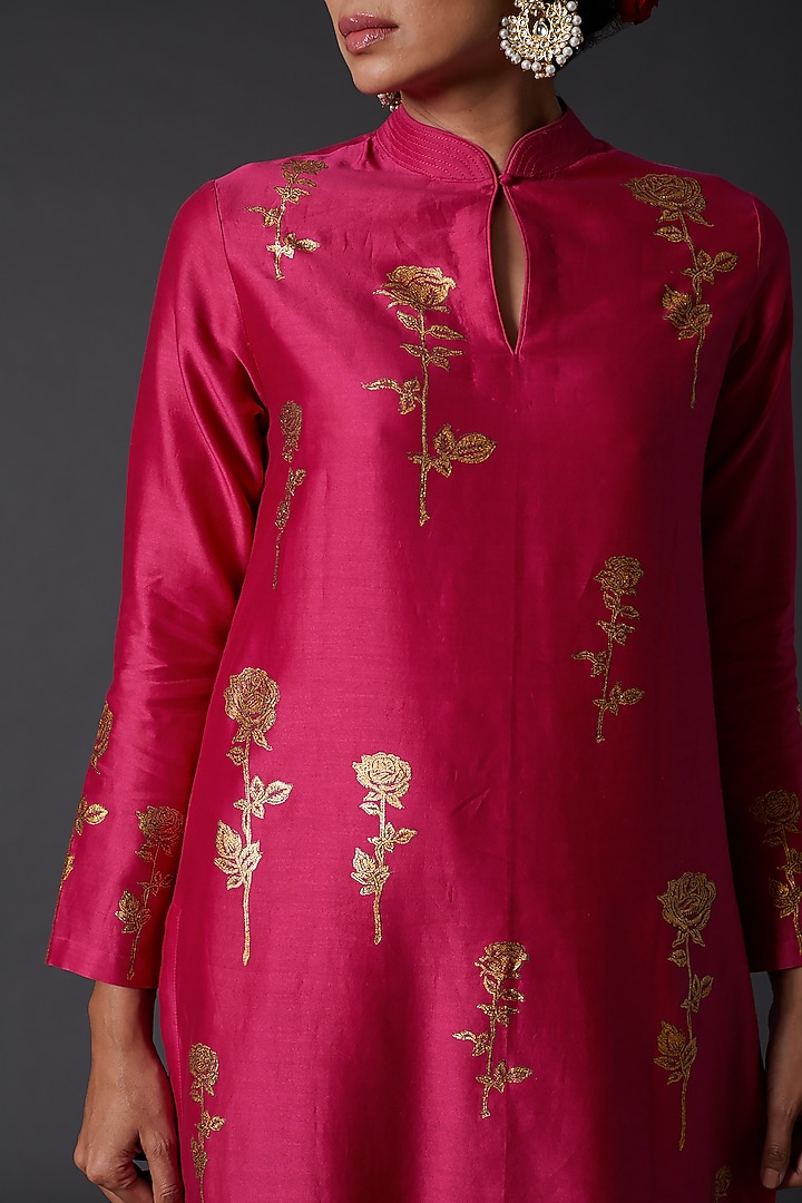 Fuchsia Block Printed Kurta Set in Chanderi Silk by Balance by Rohit Bal at Pernia's Pop Up Shop