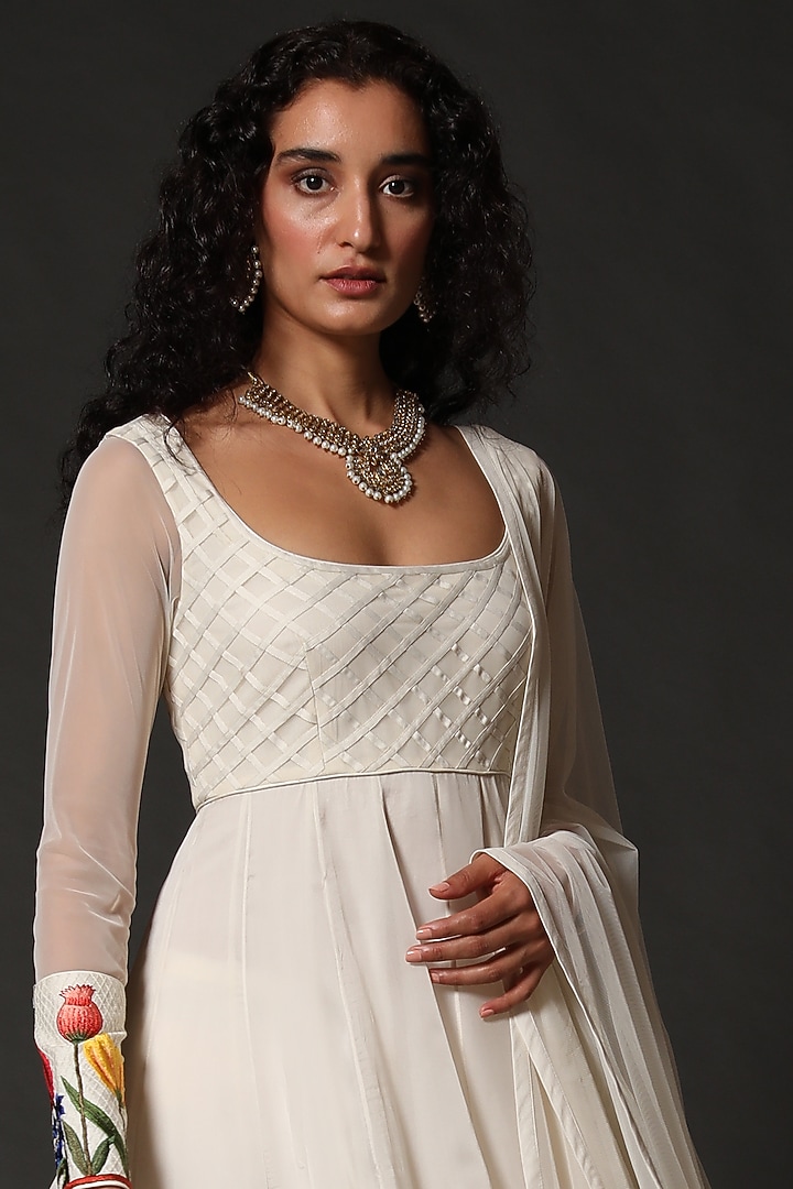 Ivory Chanderi Bridal Anarkali Set With Embroidery by Rohit Bal at Pernia's Pop Up Shop