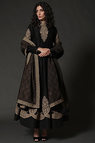 Black Machine Embroidered Anarkali Set by Rohit Bal
