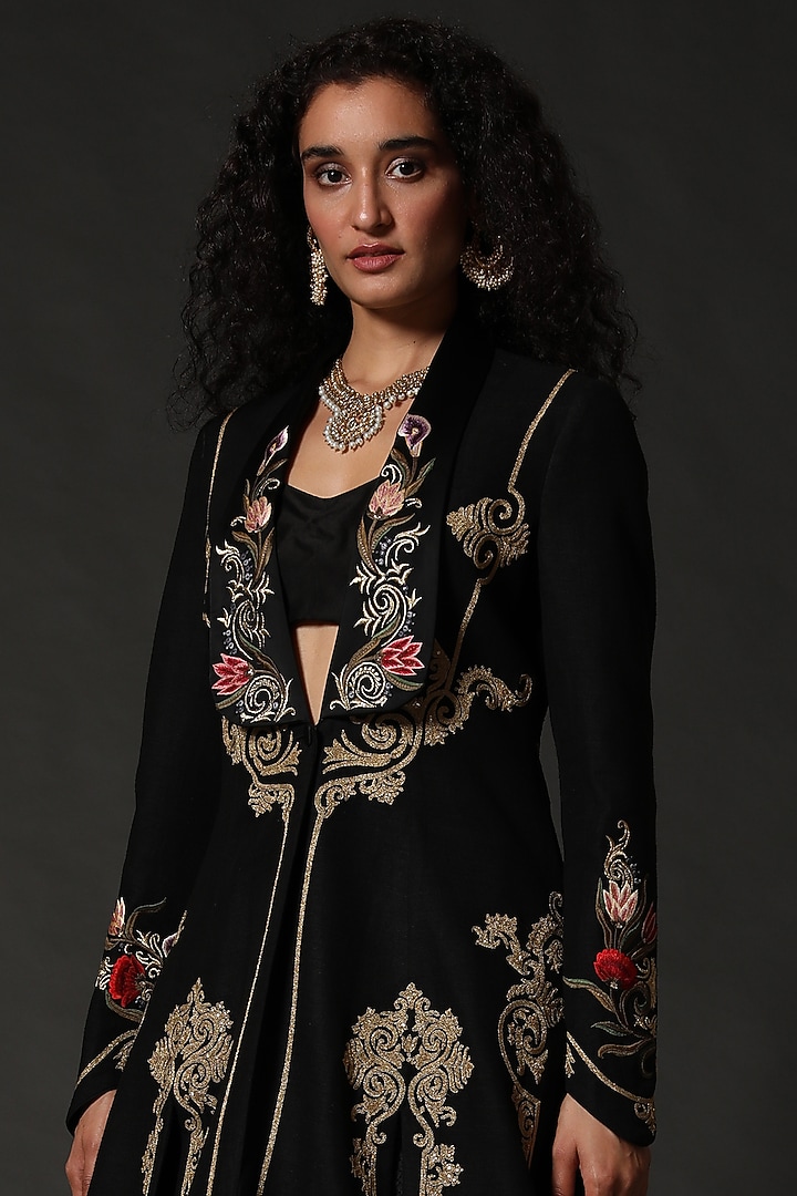 Black Machine Embroidered Jacket by Rohit Bal at Pernia's Pop Up Shop