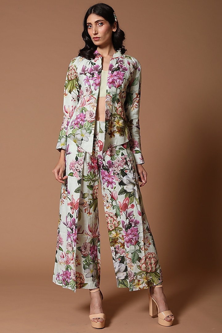 Mint Green Floral Printed Jacket Set by Rohit Bal