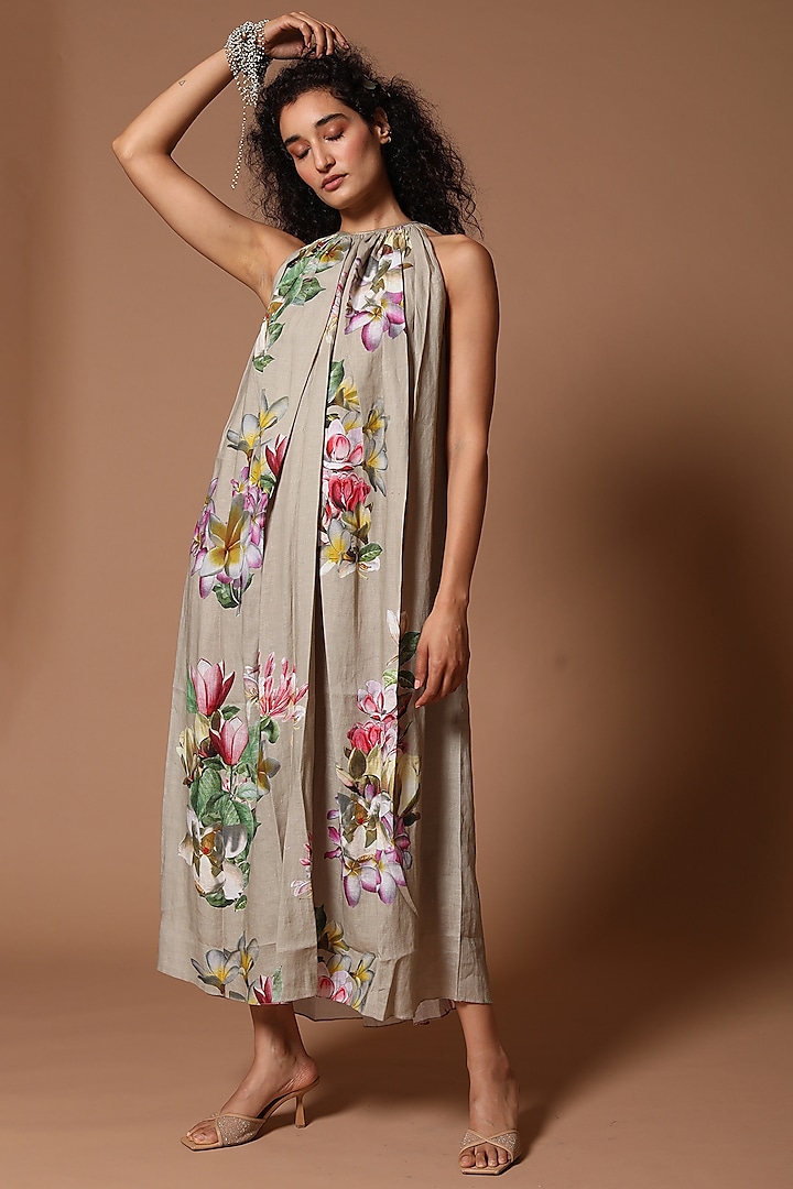 Pewter Floral Printed Dress by Rohit Bal