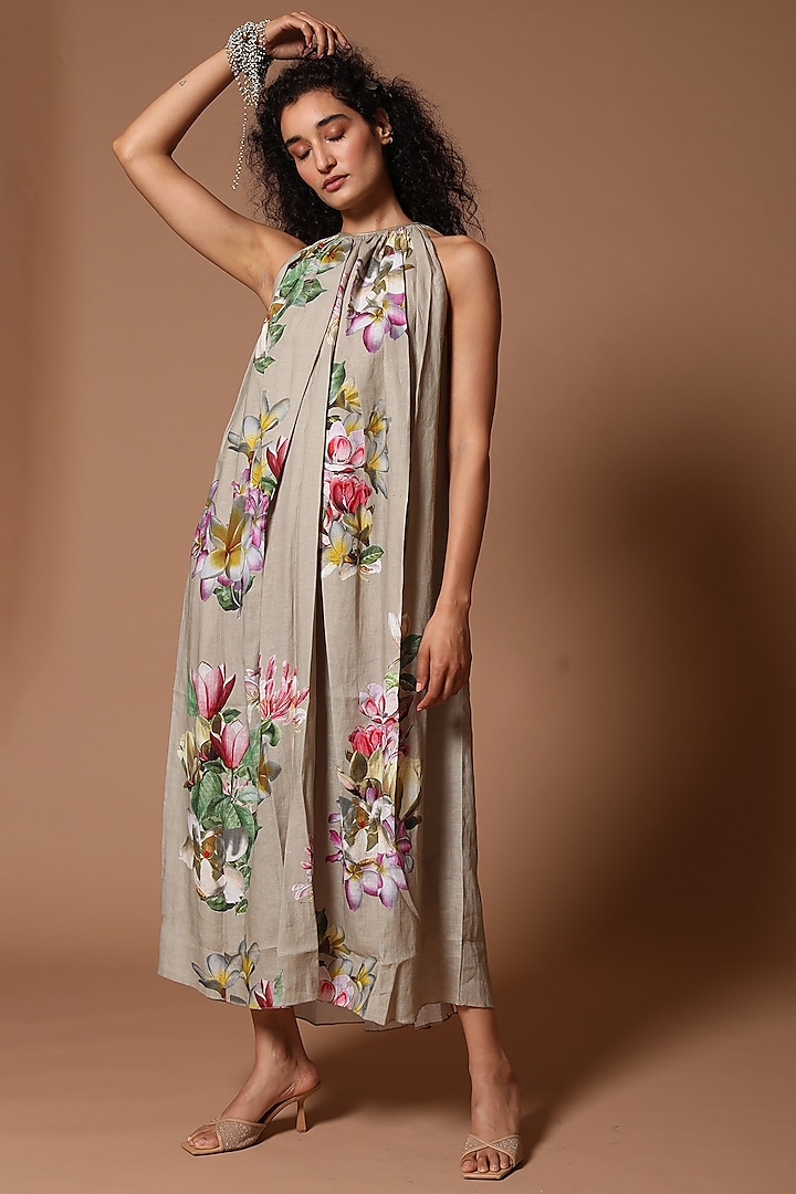 Pewter Floral Printed Dress by Rohit Bal at Pernia's Pop Up Shop