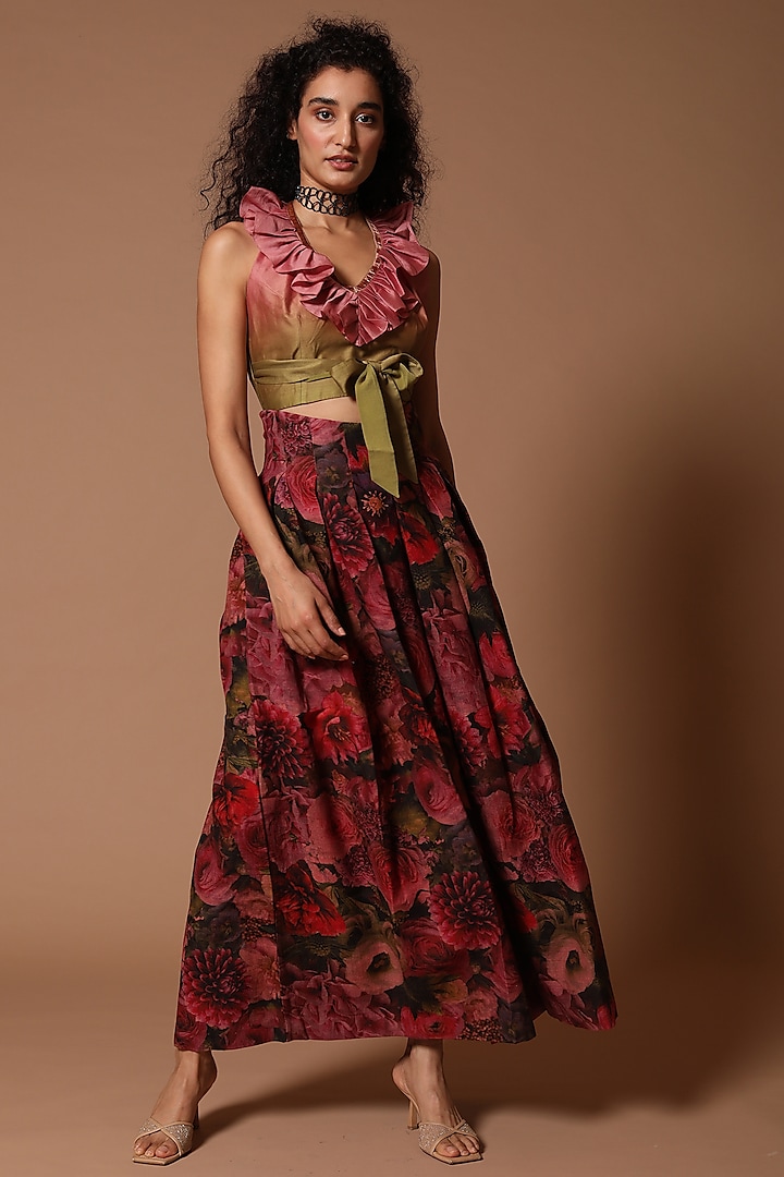 Rose Floral Printed Skirt Set by Rohit Bal