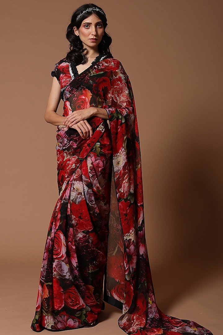 Rose Red Floral Printed Saree Set by Rohit Bal