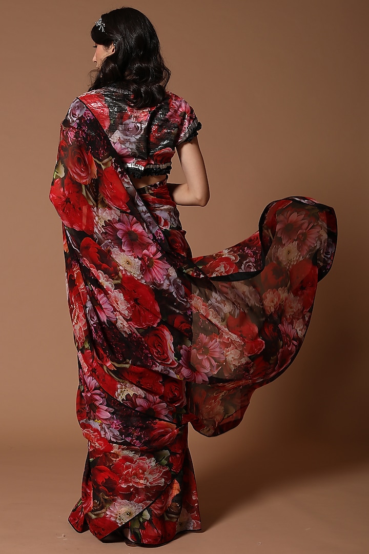 Rose Red Chiffon Floral Printed Wedding Saree Set by Rohit Bal at Pernia's Pop Up Shop