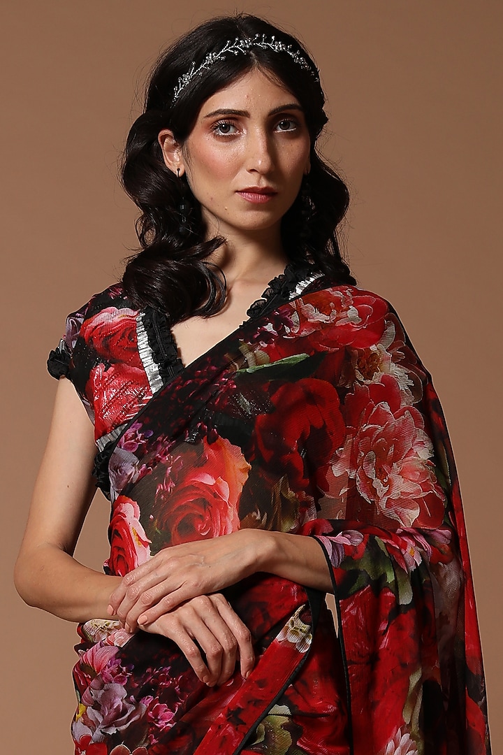 Rose Red Chiffon Floral Printed Wedding Saree Set by Rohit Bal at Pernia's Pop Up Shop