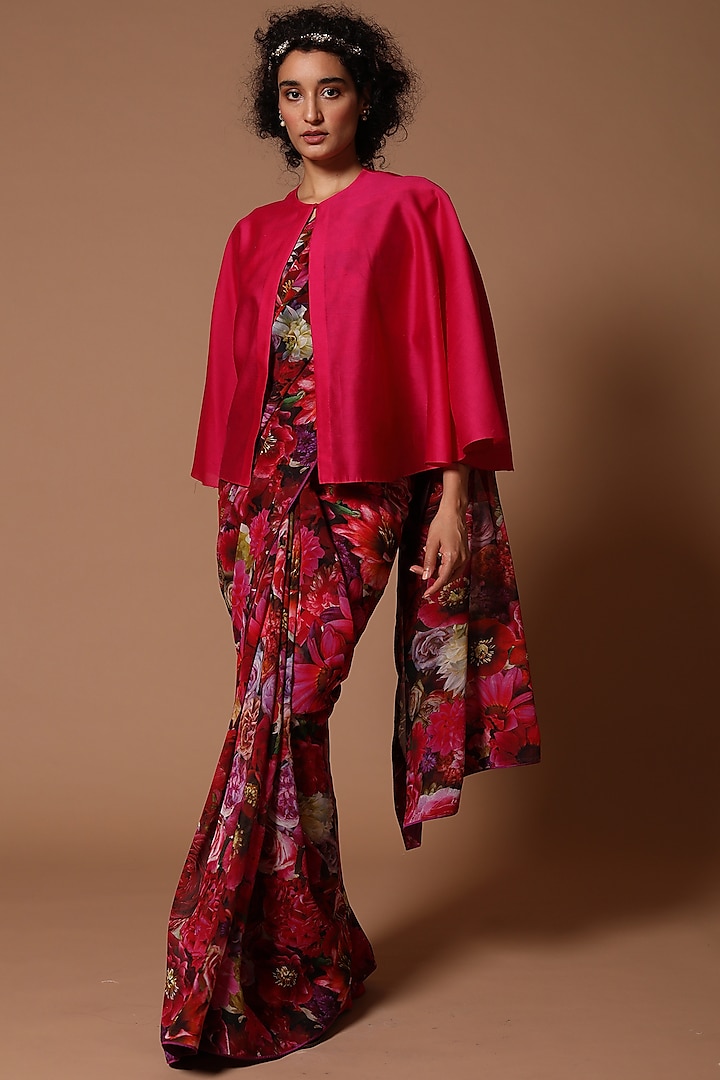 Rose Red Chiffon Floral Printed Jacket Saree Set by Rohit Bal